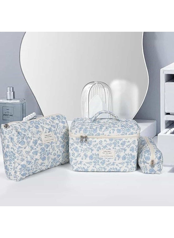 Mitoy 3 Pcs Cotton Quilted Makeup Bag Set, Floral Cosmetic Bag, Aesthetic Toiletry Travel Organizer Bag for Women Girls - Image 3